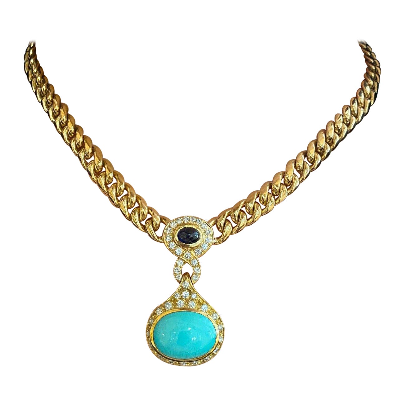 Turquoise, Sapphire & Diamond Necklace Link Chain in 18k Yellow Gold For Sale