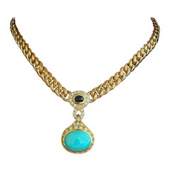 Vintage Turquoise, Sapphire & Diamond Necklace Link Chain in 18k Yellow Gold