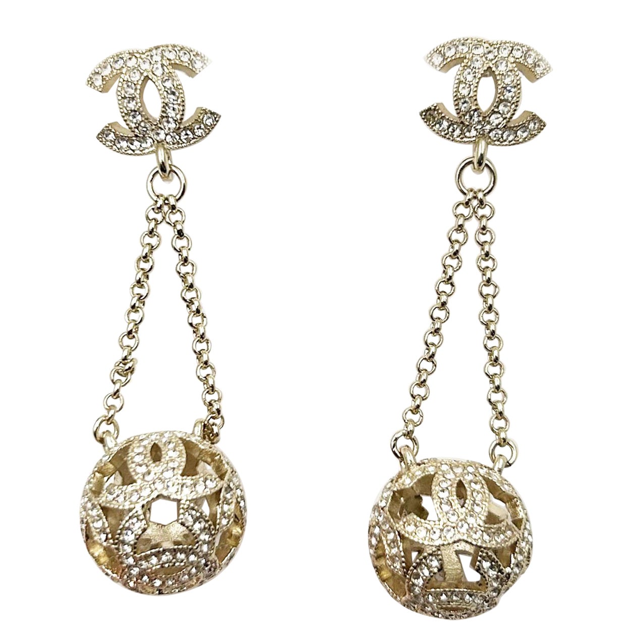 Chanel Gold CC Crystal Ball Dangle Piercing Earrings   For Sale