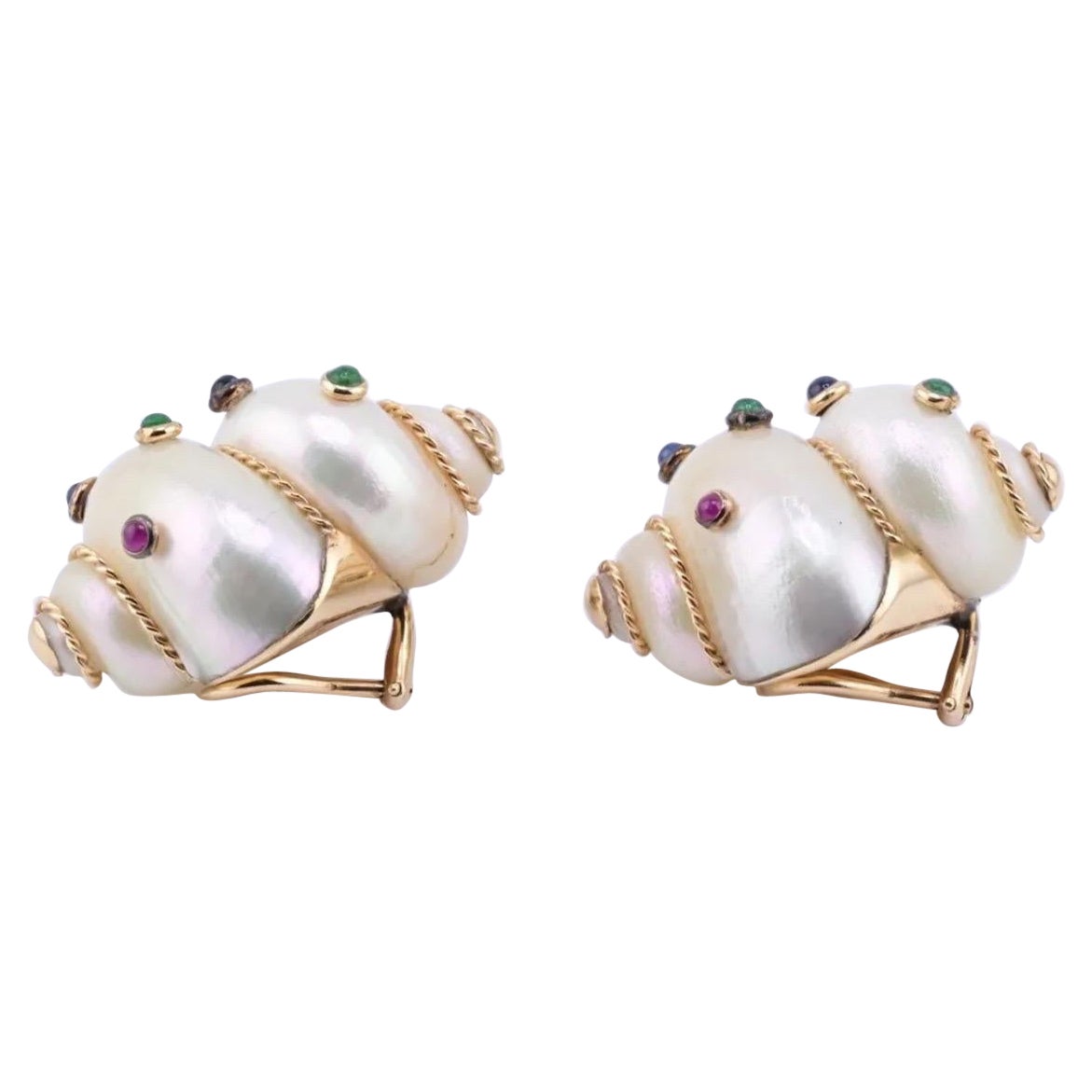 Gorgeous Pair Of 14K Maz Seashell Earrings With Gemstones Seaman Schepps Style For Sale