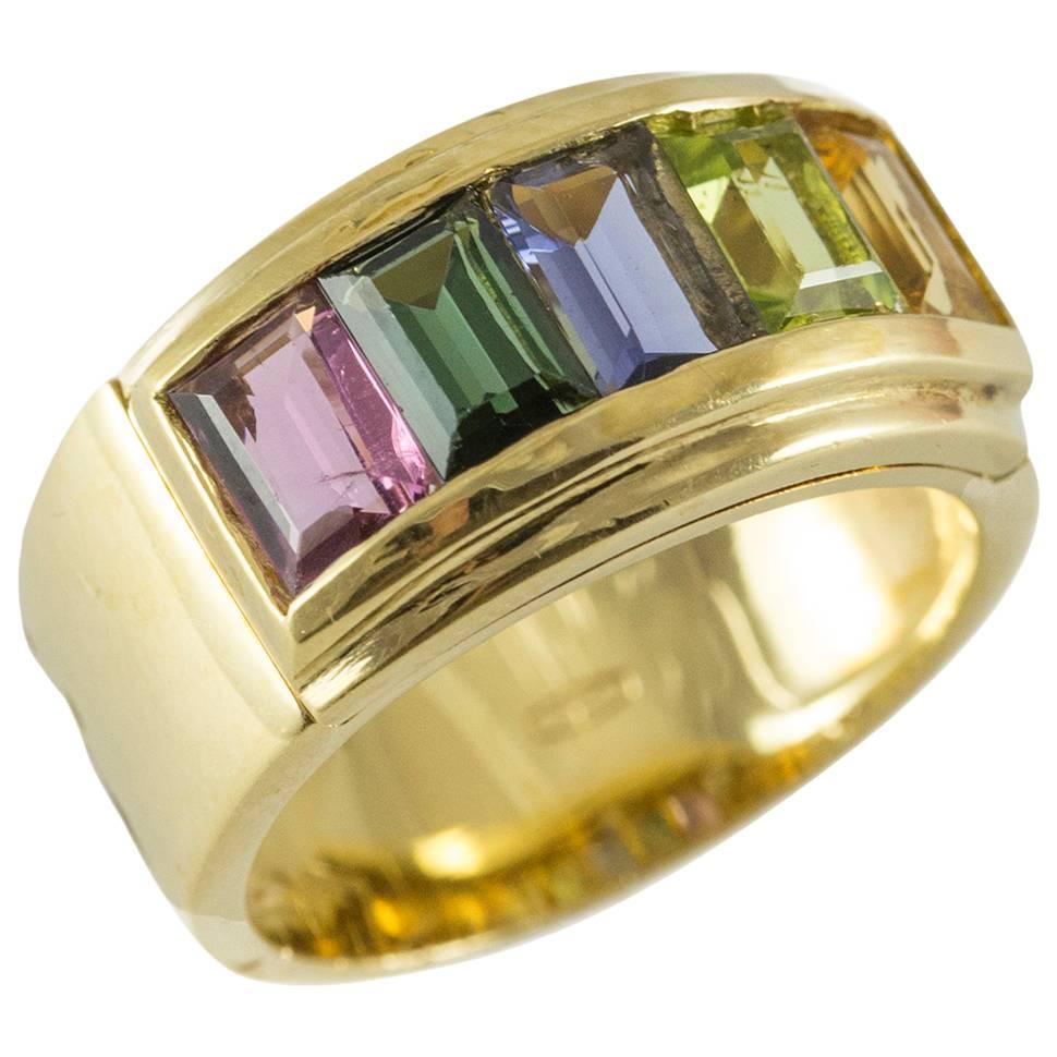 18K Multi Gemstone Band Ring For Sale
