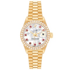 Rolex President Yellow Gold Mother Of Pearl Ruby Dial Diamond Ladies Watch 6913