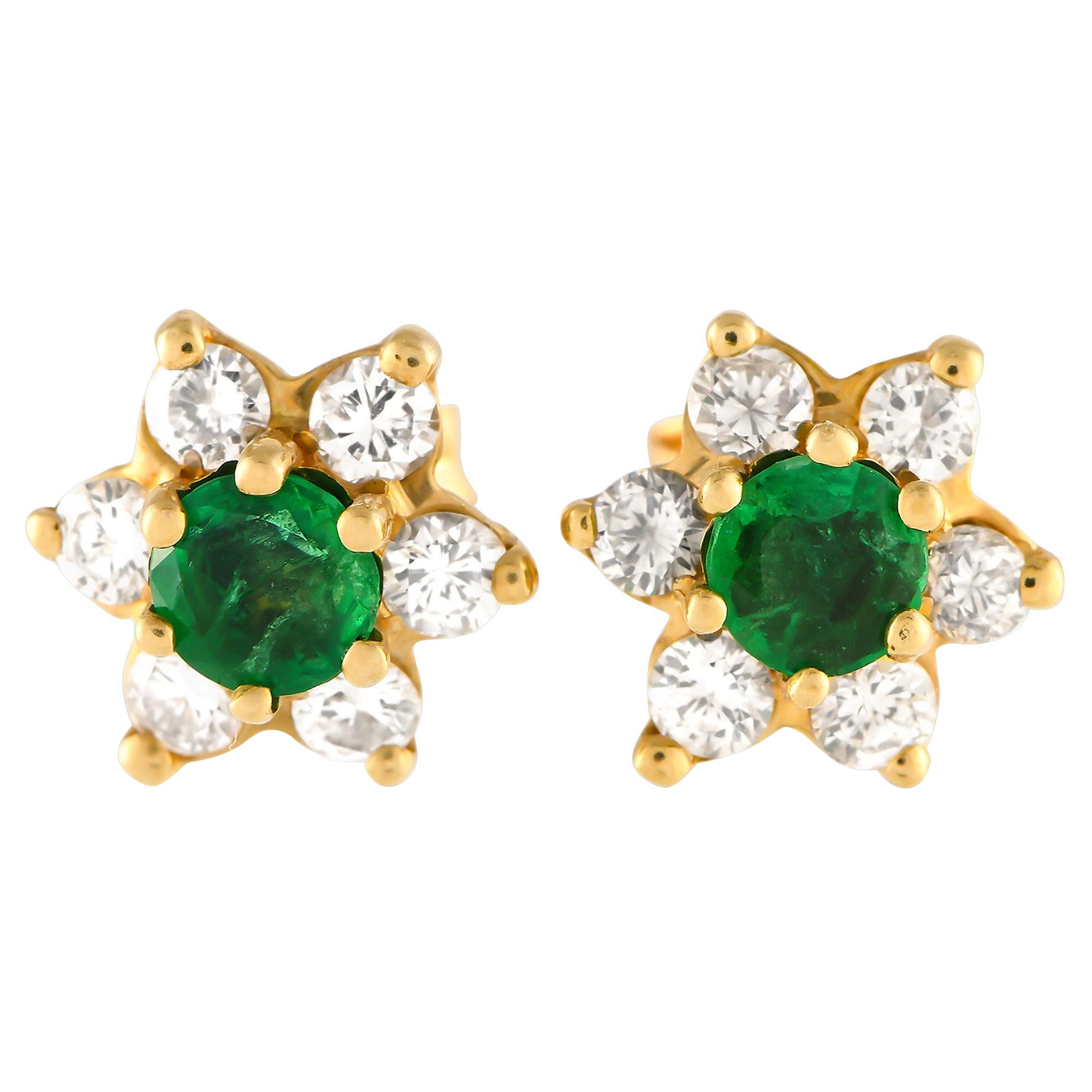 14K Yellow Gold 0.50ct Diamond and Emerald Earrings For Sale