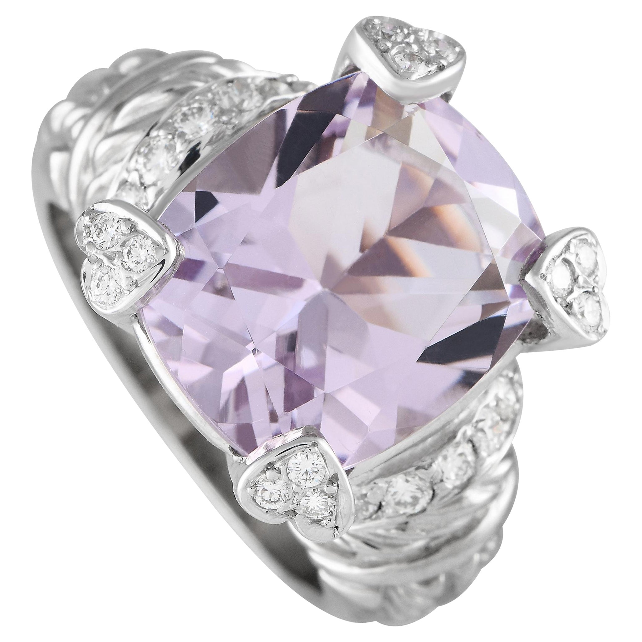 Judith Ripka, bague en or blanc 18 carats, diamant 0,25 carat et quartz rose