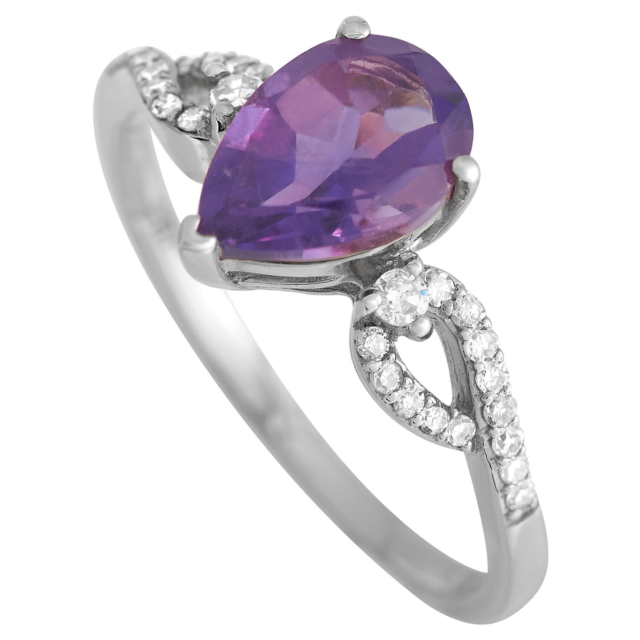 14K White Gold 0.15ct Diamond and Amethyst Ring For Sale