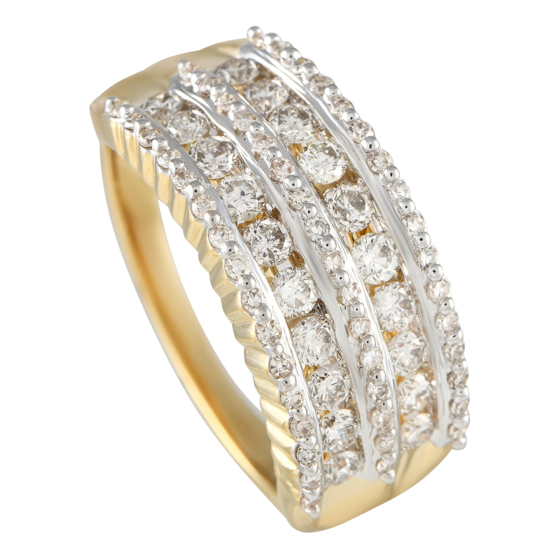 14K Yellow Gold 1.15ct Diamond Five Row Ring  For Sale