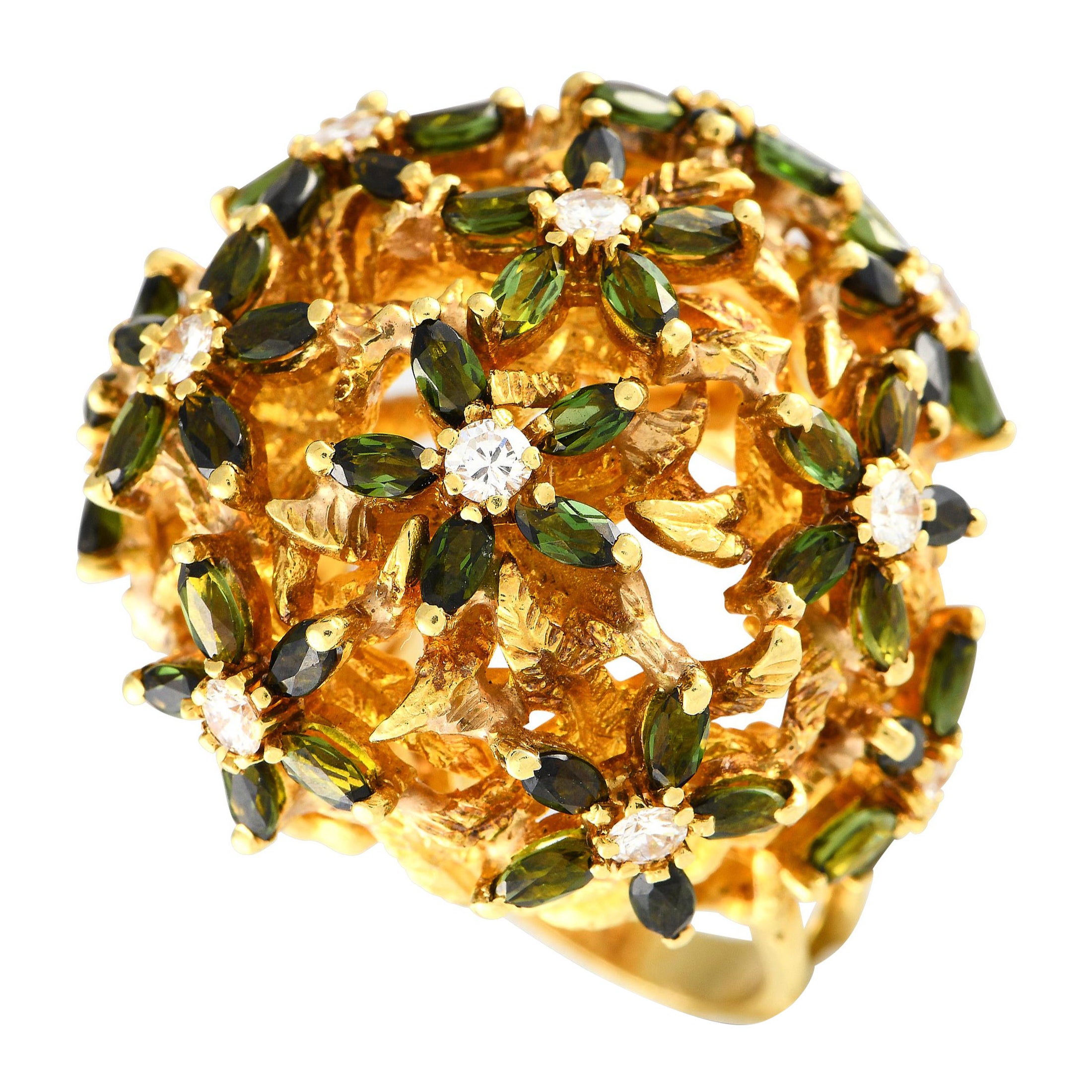 Statement-Ring aus 18 Karat Gelbgold mit 1,0 Karat Diamant und Turmalin mit Blumenmuster