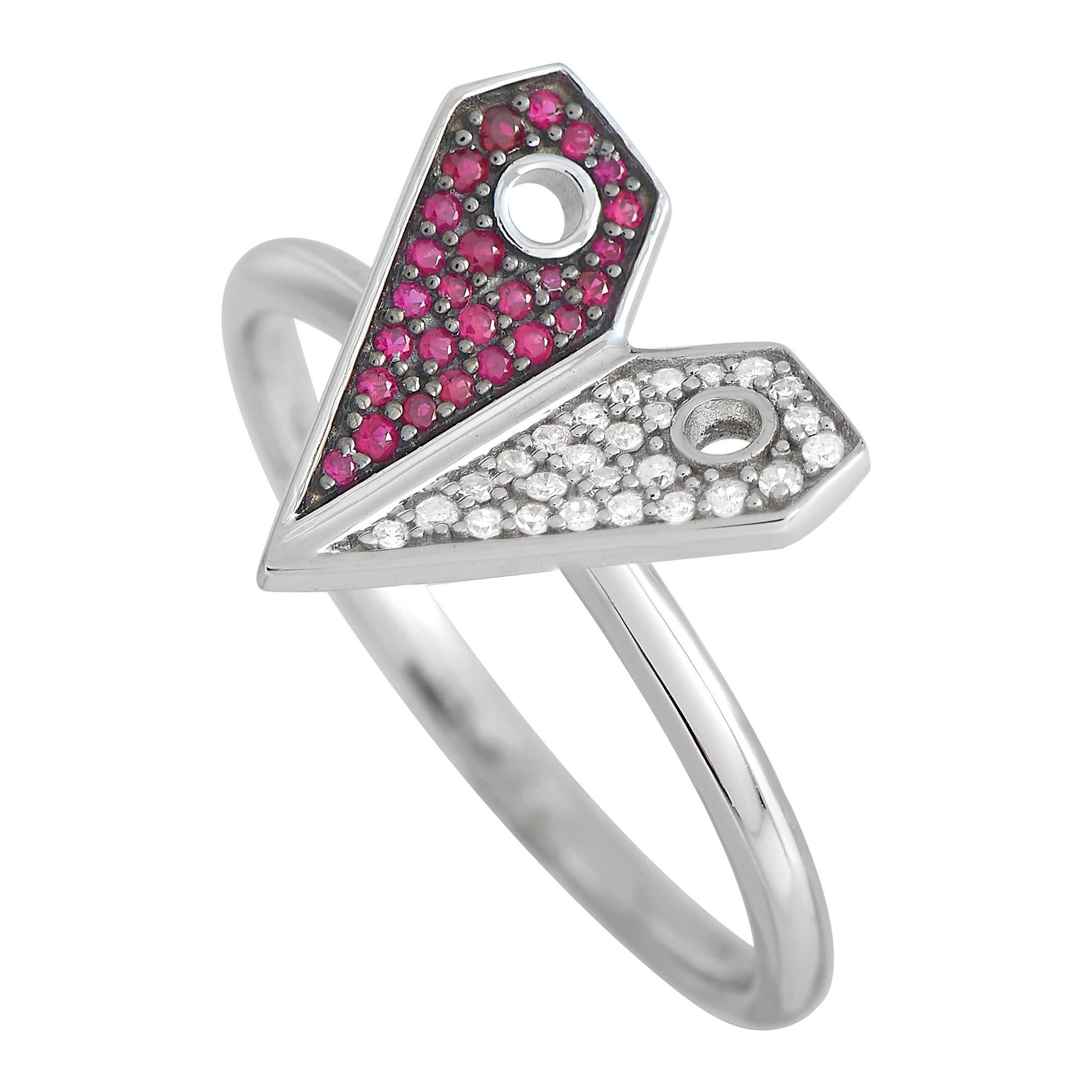 14K White Gold 0.08ct Diamond and Ruby Heart Ring For Sale