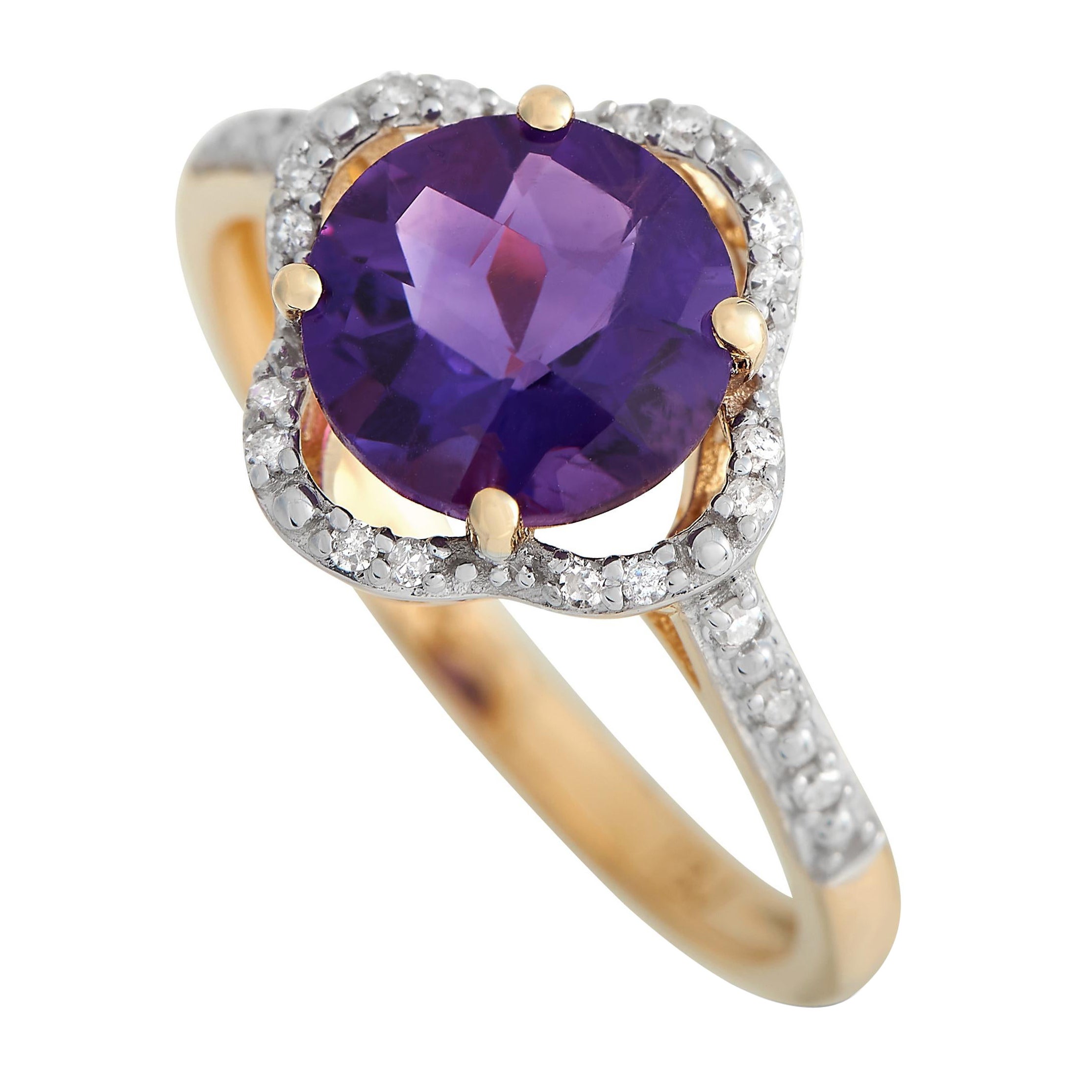 14K Yellow Gold 0.10ct Diamond and Amethyst Quatrefoil Ring For Sale