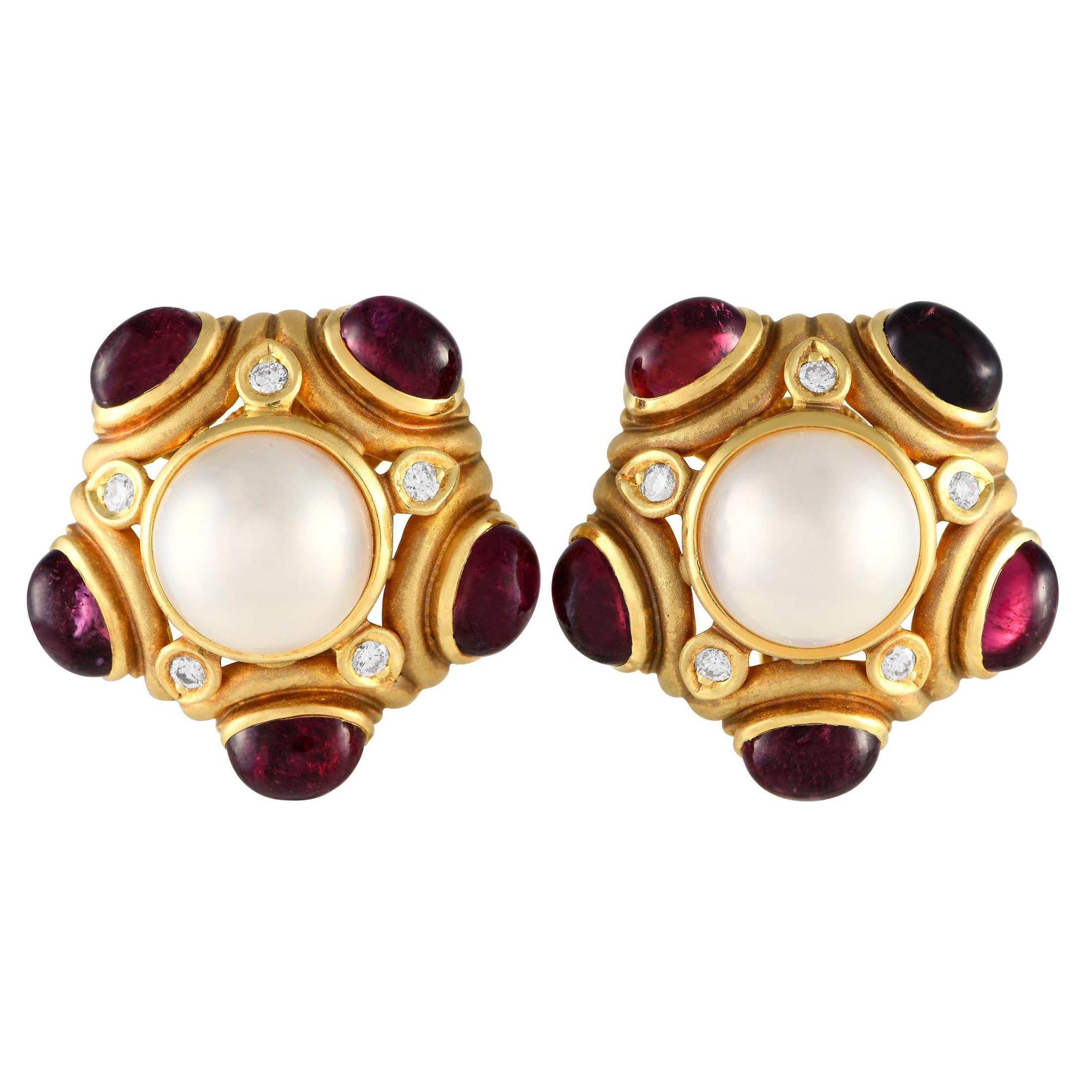 18K Yellow Gold Diamond, Tourmaline, and Pearl Clip On Earrings For Sale