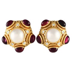 Boucles d'oreilles clips en or jaune 18 carats diamant, tourmaline et perle