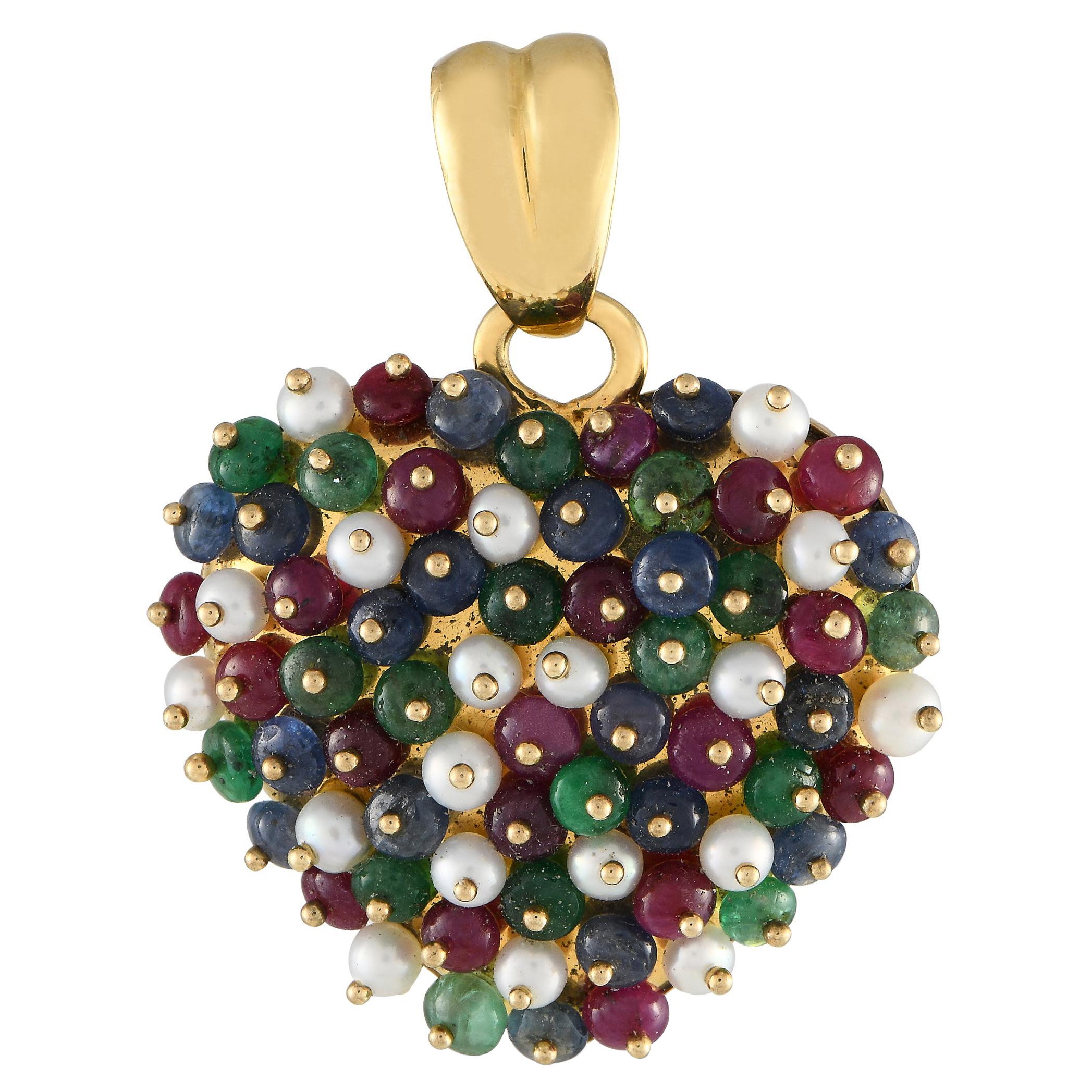 18K Yellow Gold Sapphire, Ruby, Emerald, and Pearl Pendant