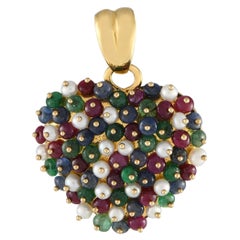 18K Yellow Gold Sapphire, Ruby, Emerald, and Pearl Pendant