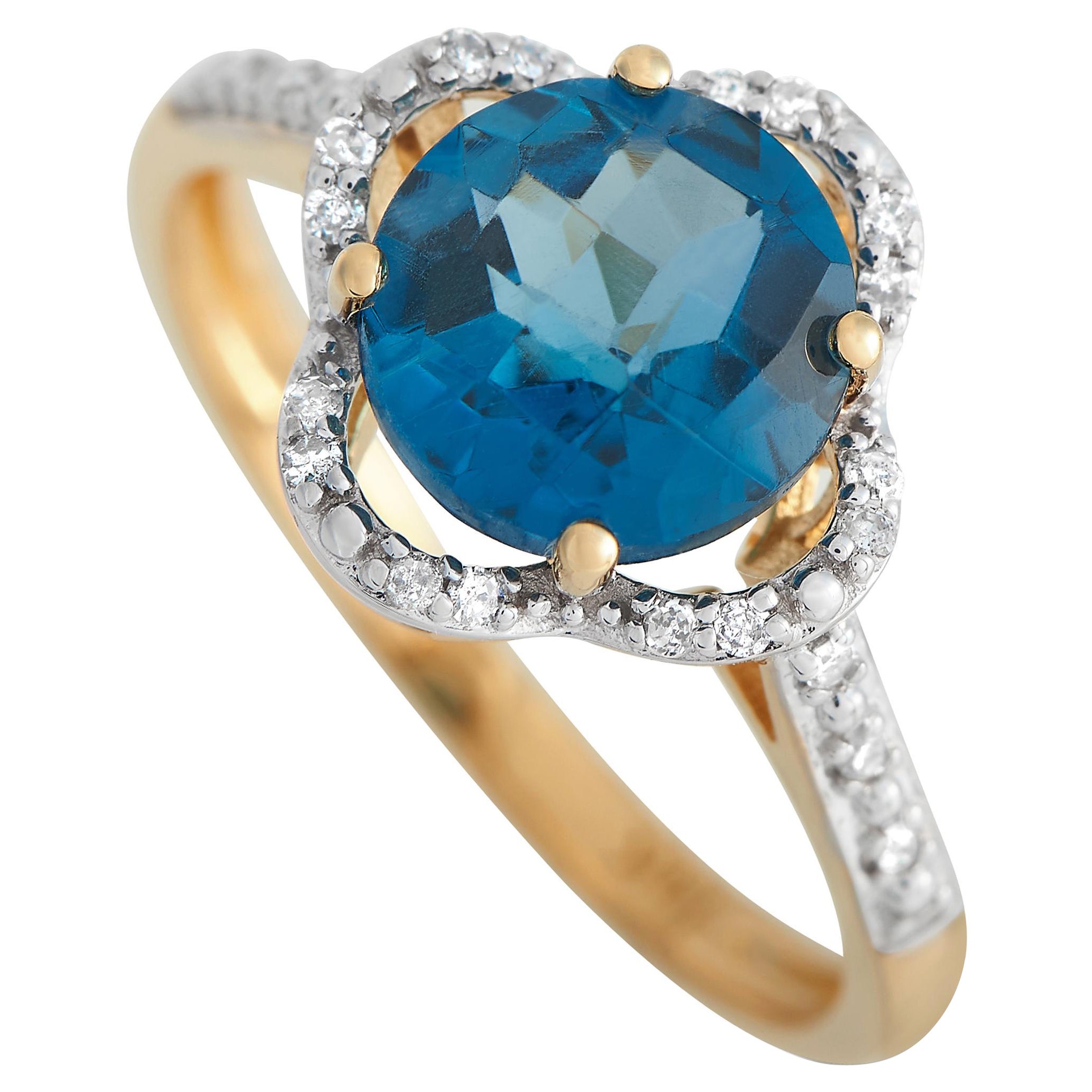 14K Yellow Gold 0.10ct Diamond and Topaz Quatrefoil Ring For Sale
