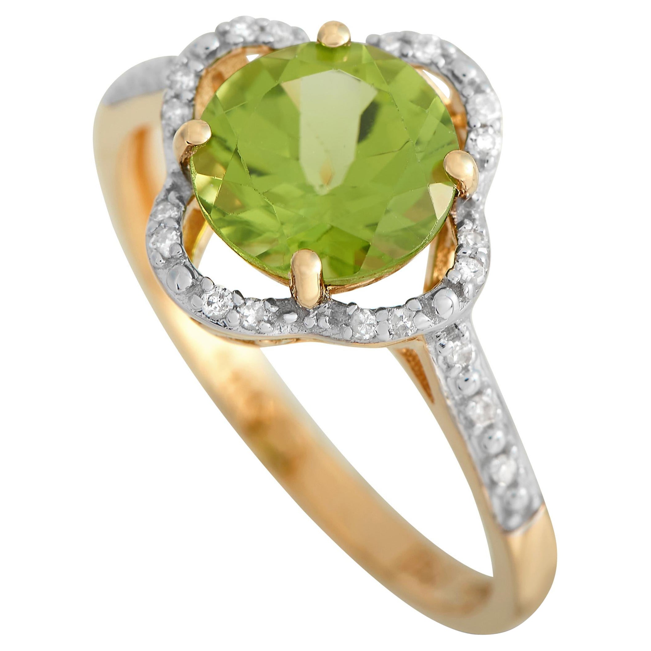 14K Yellow Gold 0.10ct Diamond and Peridot Quatrefoil Ring For Sale