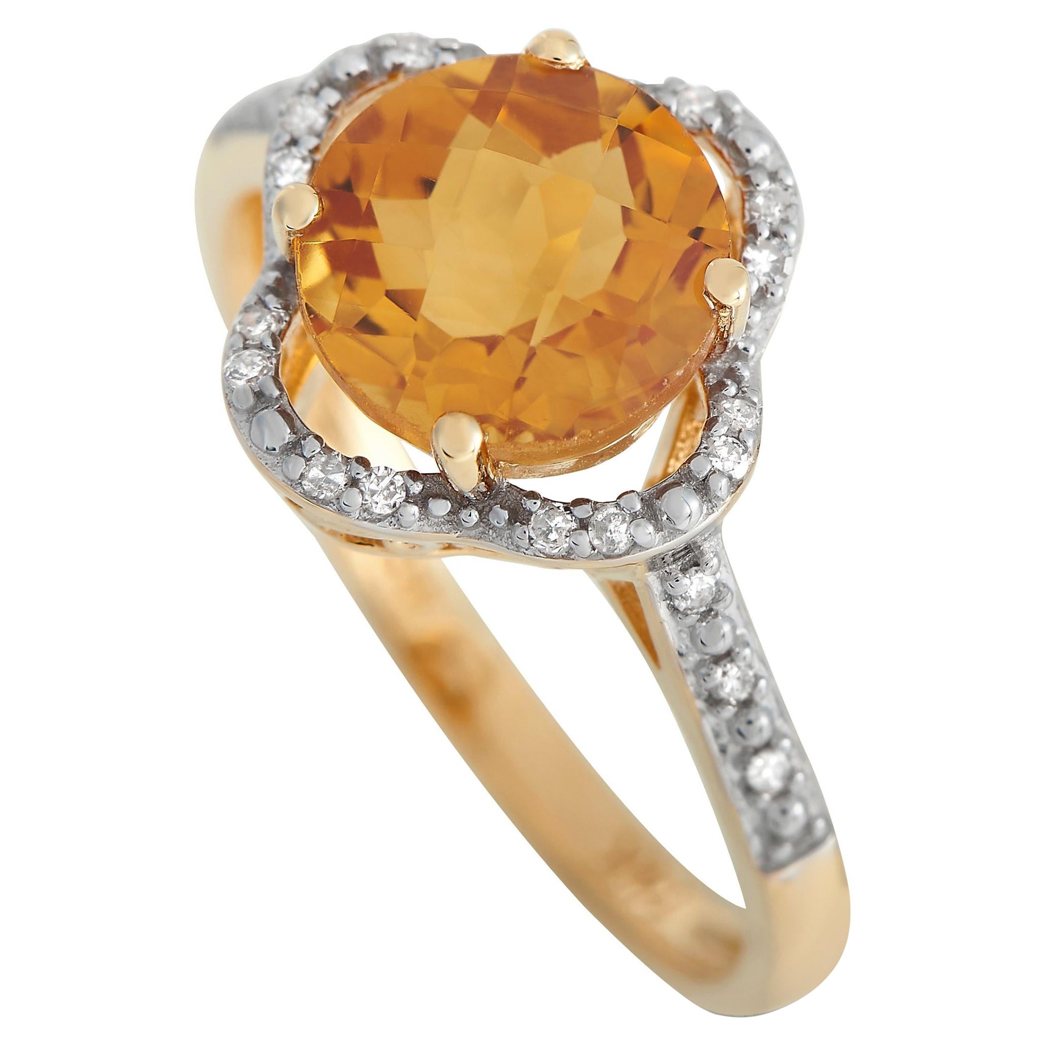 14K Yellow Gold 0.10ct Diamond and Citrine Quatrefoil Ring For Sale