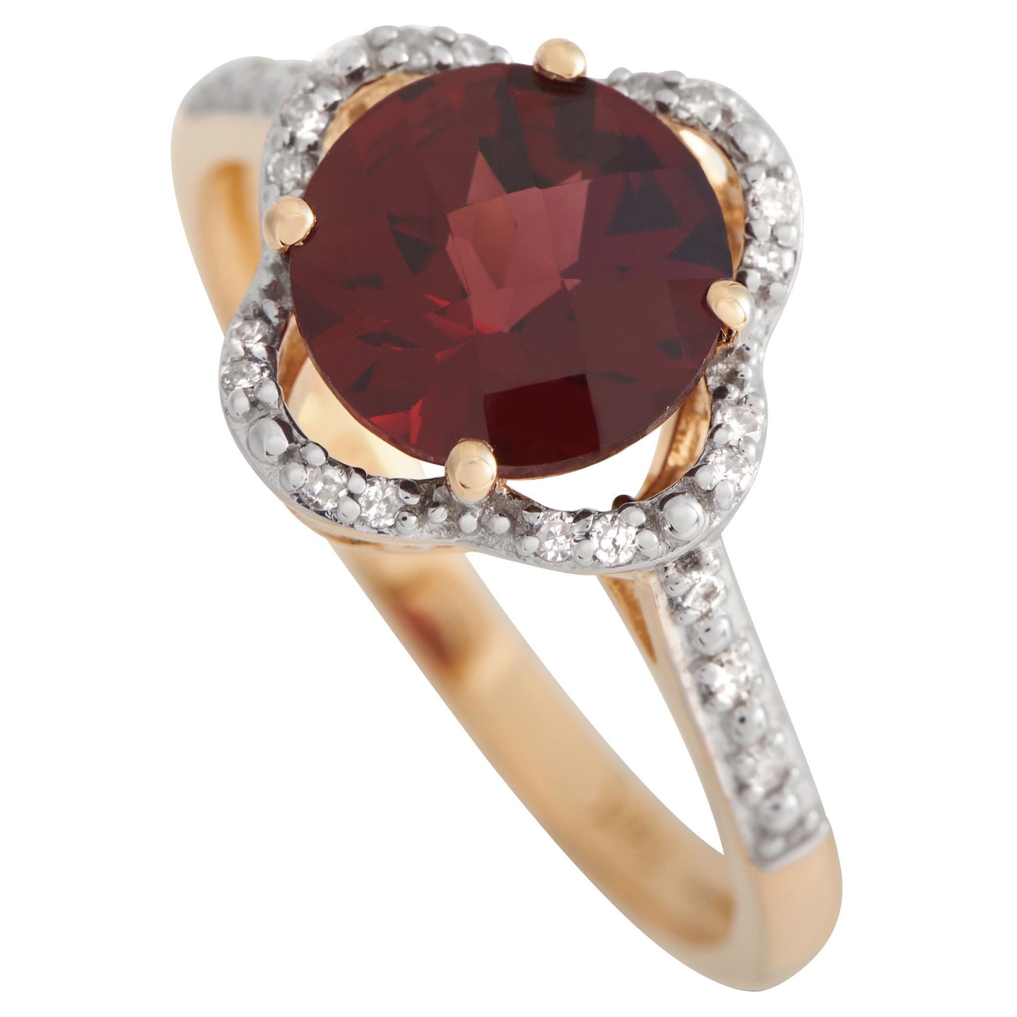 14K Yellow Gold 0.10ct Diamond and Garnet Quatrefoil Ring For Sale