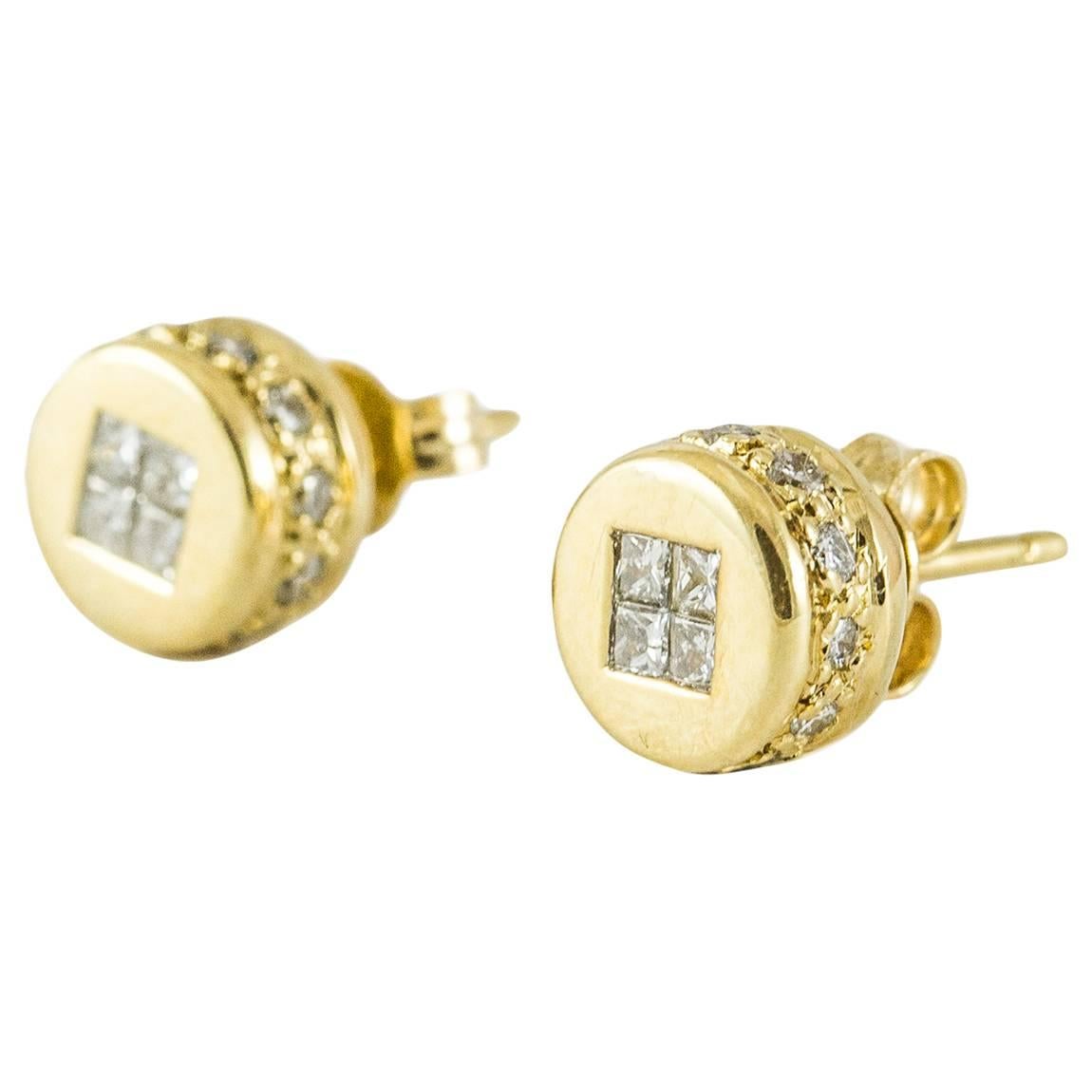 Vintage Yellow Gold and Diamond Stud Earrings For Sale