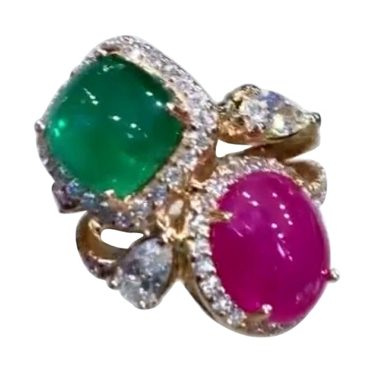 AIG Certified 5.50 Carats Burma Ruby  4.60 Zambian Emerald  Diamonds 18K Ring  For Sale