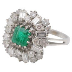 Vintage  Emerald cluster Ring with Diamonds in 14k white gold