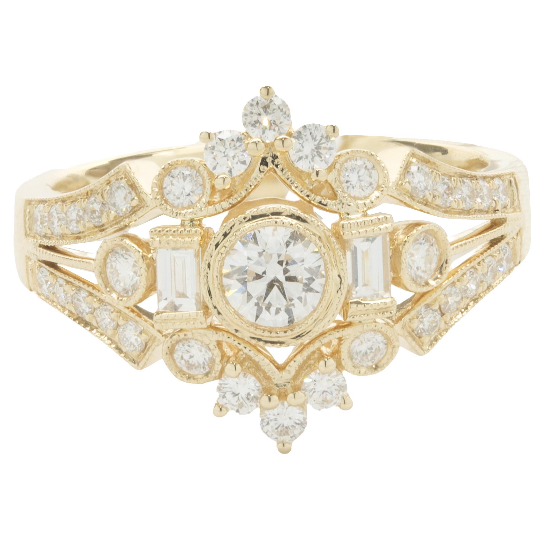 14 Karat Yellow Gold Deco Style Diamond Ring For Sale