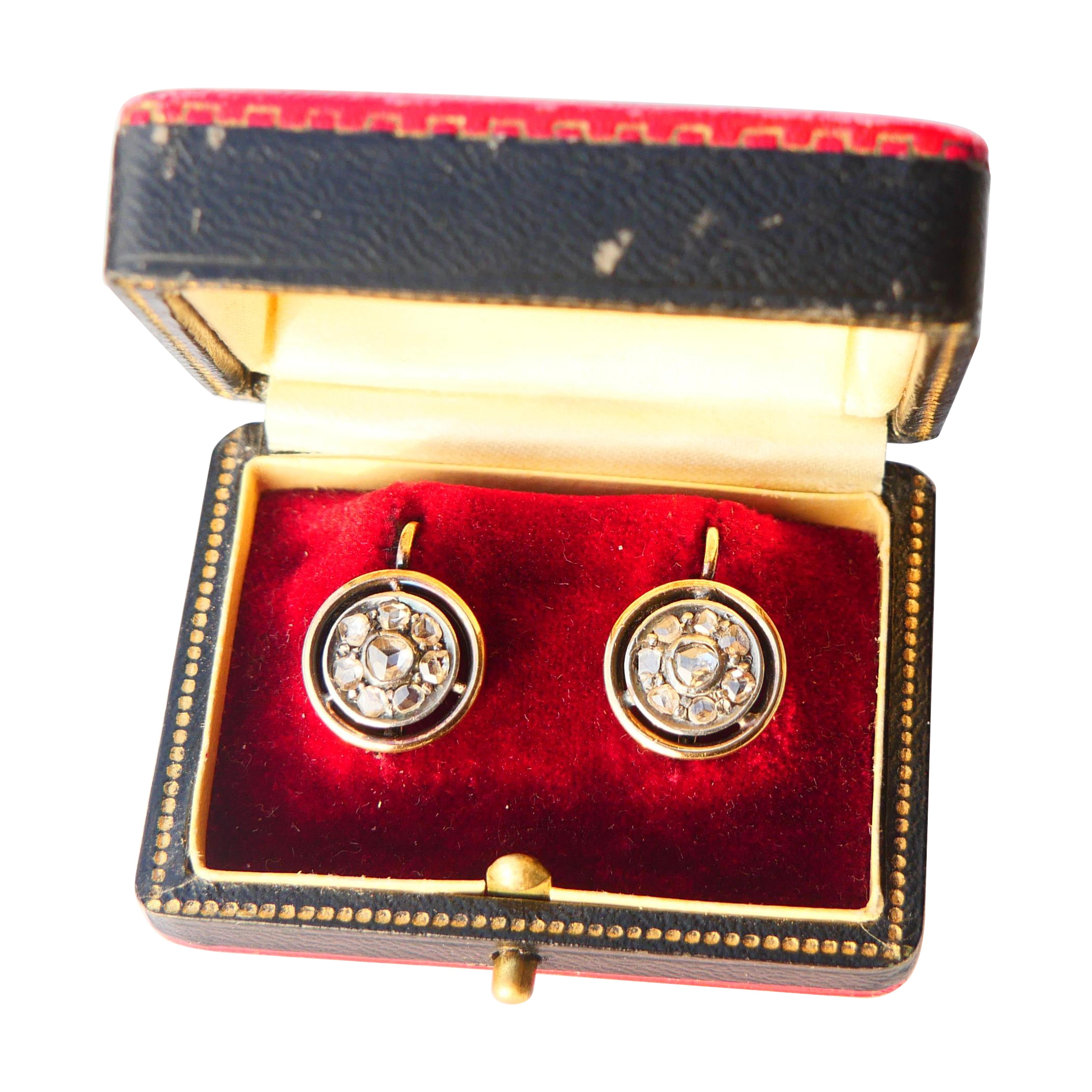 Antike deutsche kastenförmige Ohrringe 0.9ctw Diamanten massive 16K Gold Silber / 5,12gr im Angebot