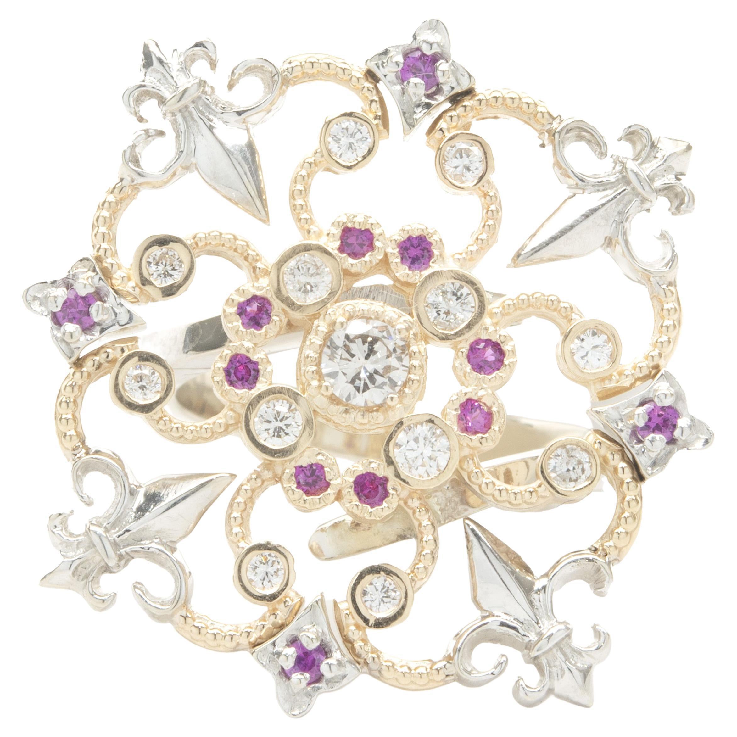 14k Weiß- und Gelbgold Ring mit rosa Saphiren und Diamanten im Angebot