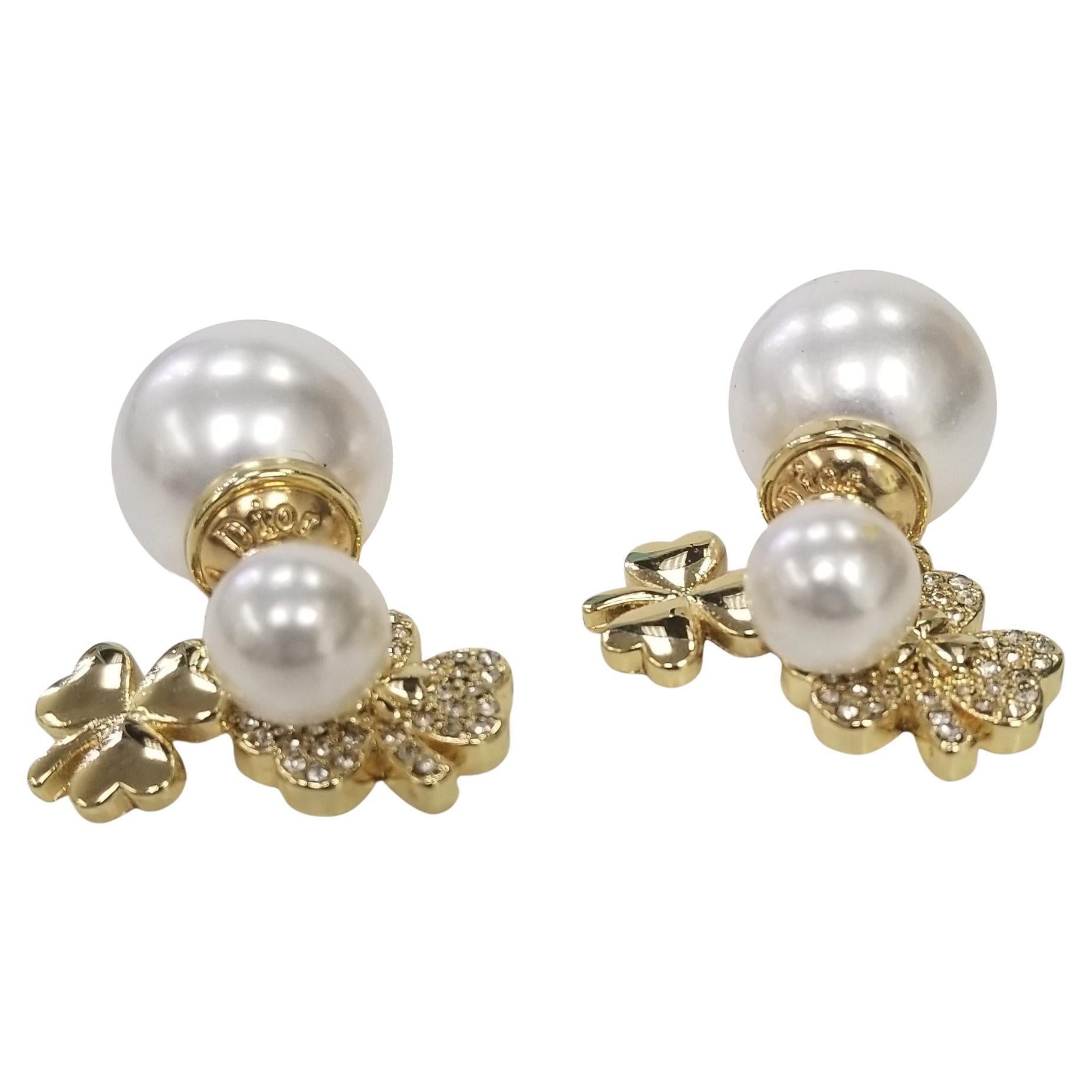 Christian Dior Mise En Dior Tribal Crystal Clover and Faux Pearl Earrings For Sale