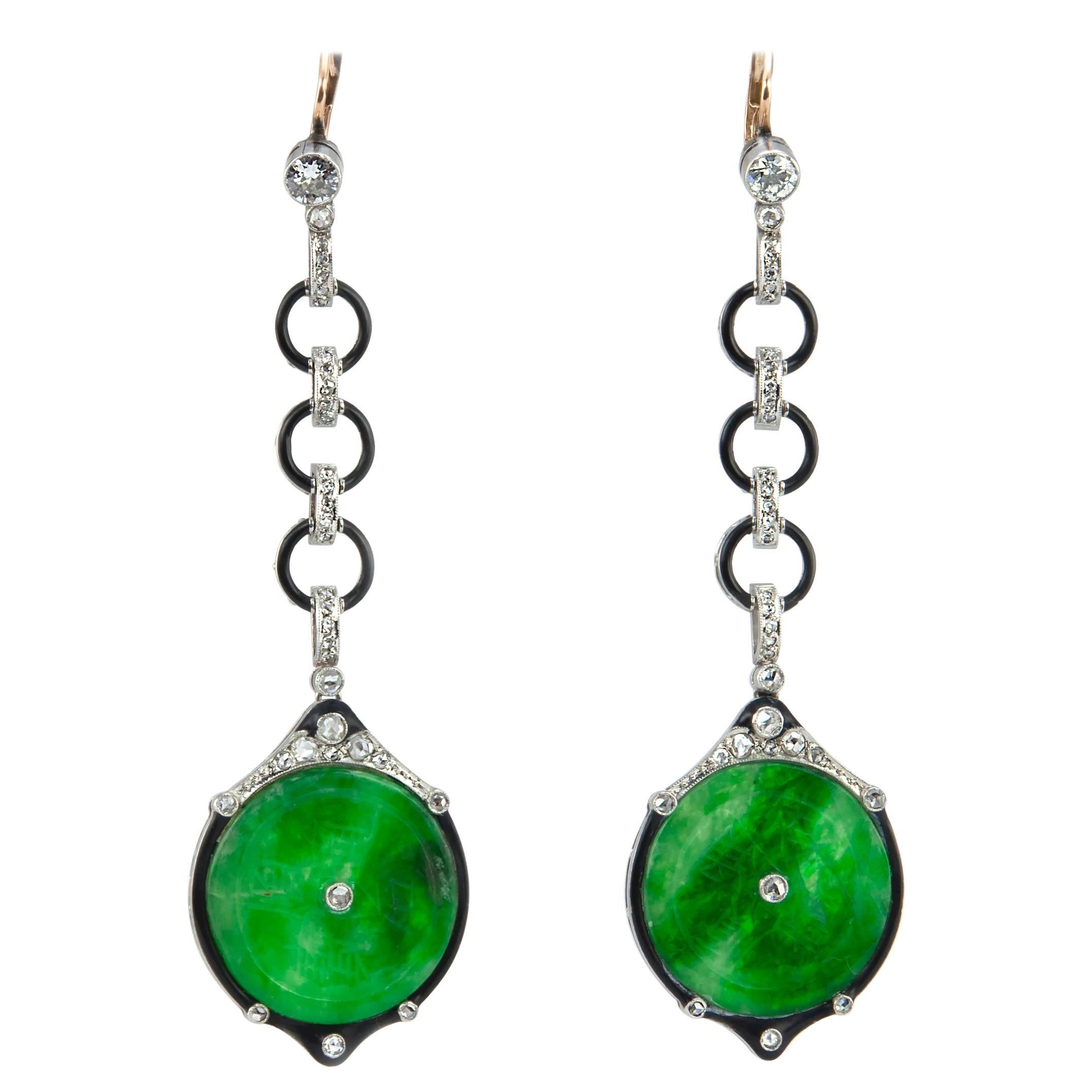 Edwardian Jade, Diamond and Enamel Dangle Earrings For Sale