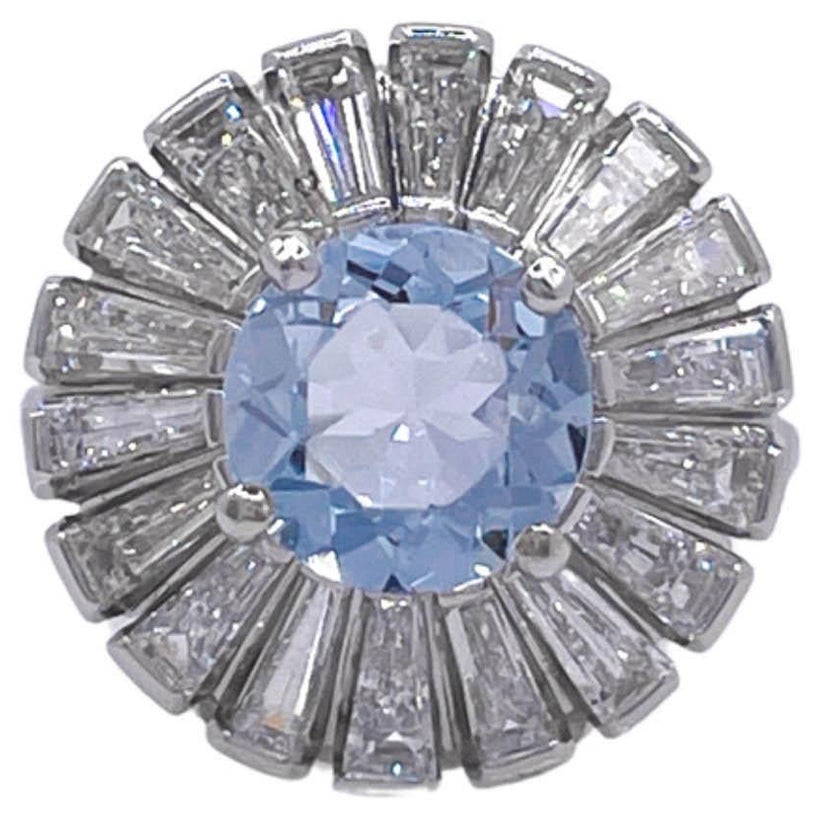 Jay Feder Platinum Round Aquamarine and Diamond Cluster Ballerina Ring