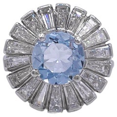 Vintage Jay Feder Platinum Round Aquamarine and Diamond Cluster Ballerina Ring