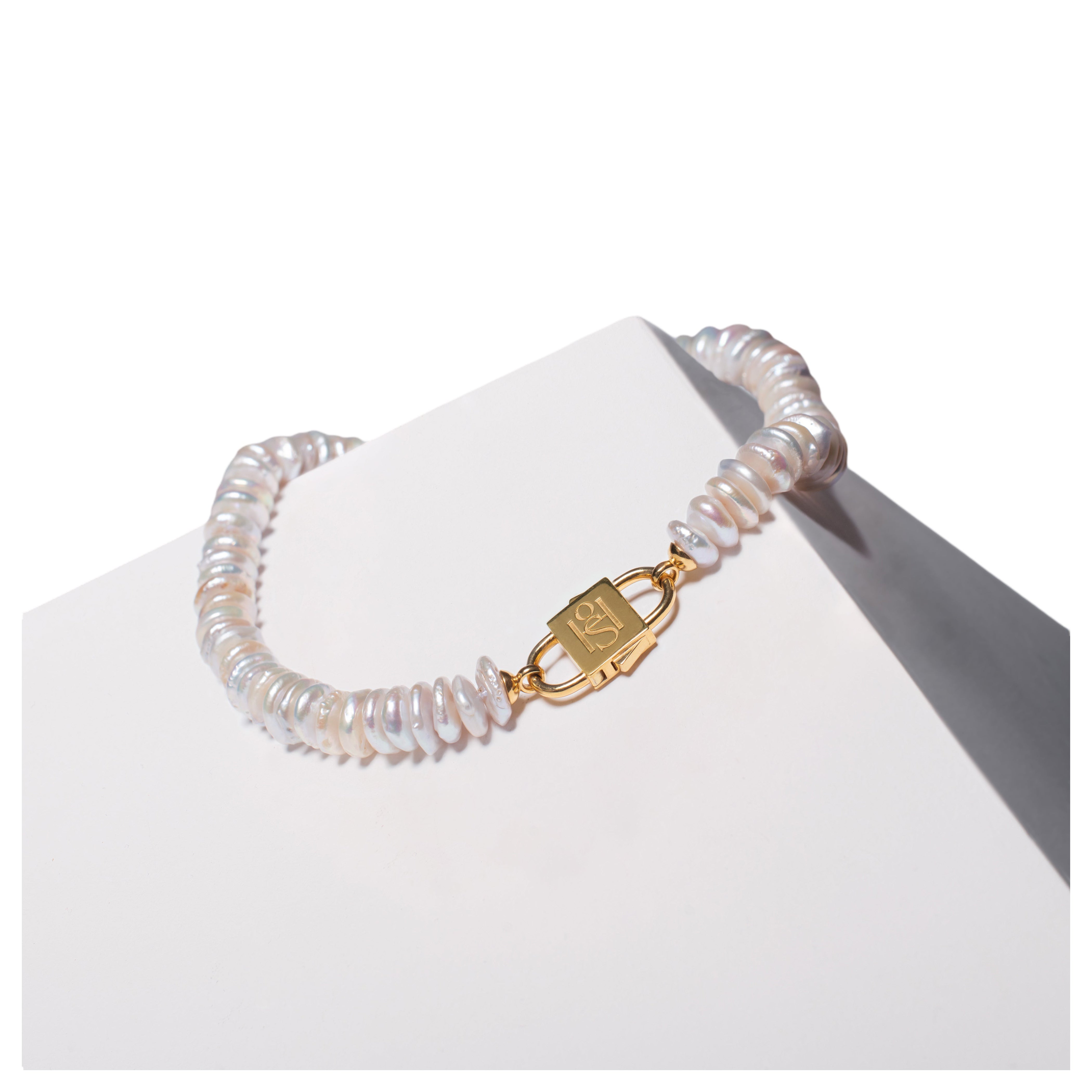 House of Sol Rondelle Pearl Necklace with 24K Gold Filled HoS Lock For Sale