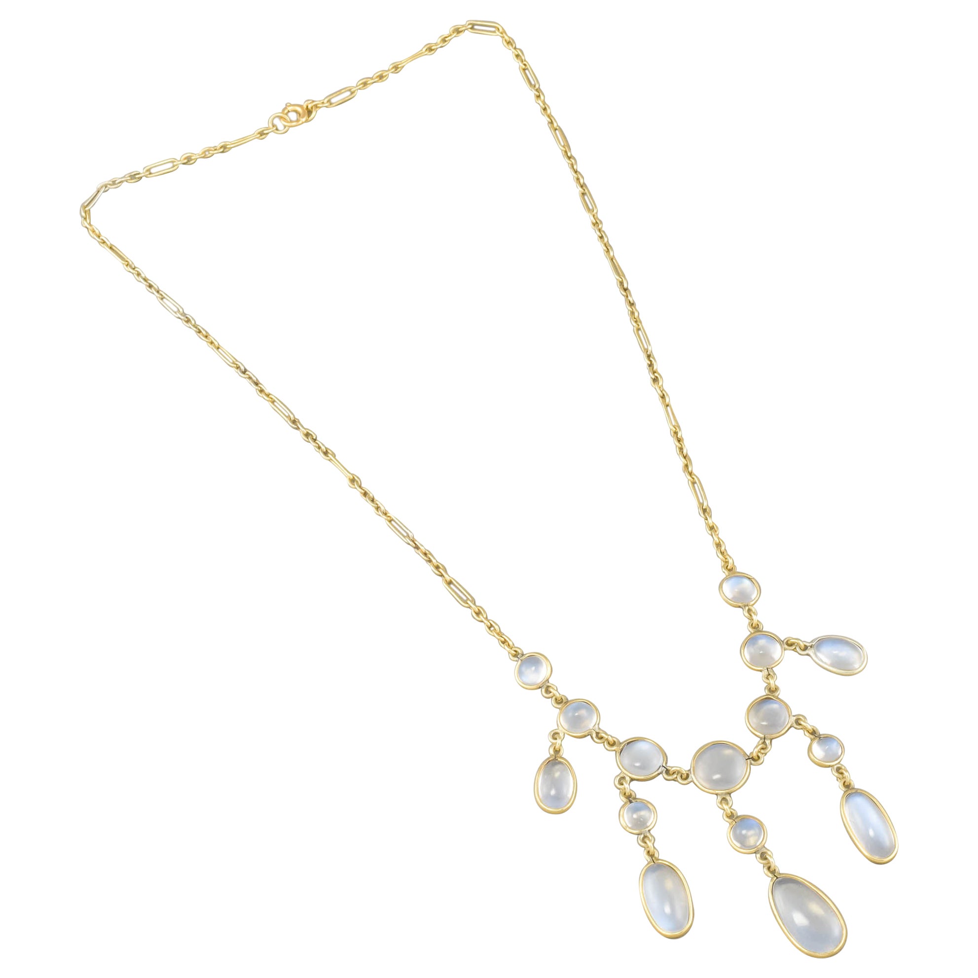 Antique 15K Gold Moonstone Drop Necklace with Fancy Link Chain For Sale