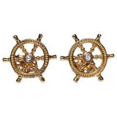 Vintage Circa 1990s 18k Gold Natural Diamond And Ship Steering Wheel Earring