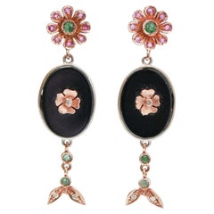 Retro Onyx, Emeralds, Rubies, Diamonds, Rose Gold and Silver Earrings.