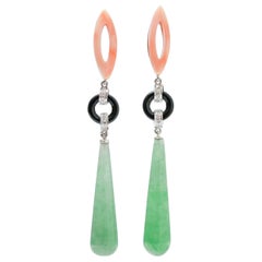 Coral, Jade, Onyx, Diamonds, Platinum Dangle Earrings.