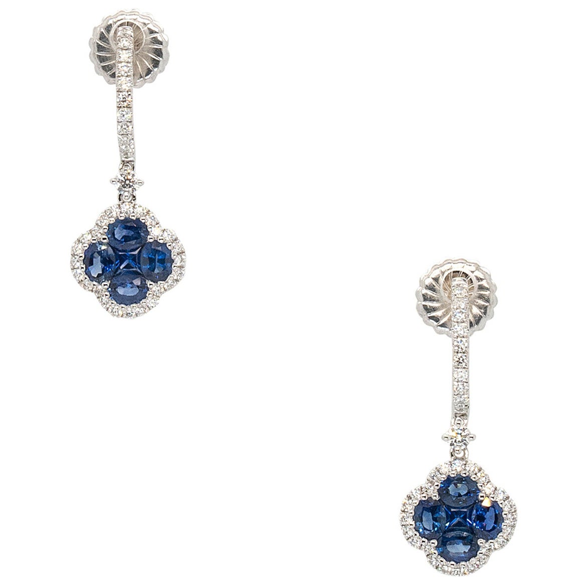 18k White Gold 1.94ctw Sapphire Clover Dangle Earrings For Sale