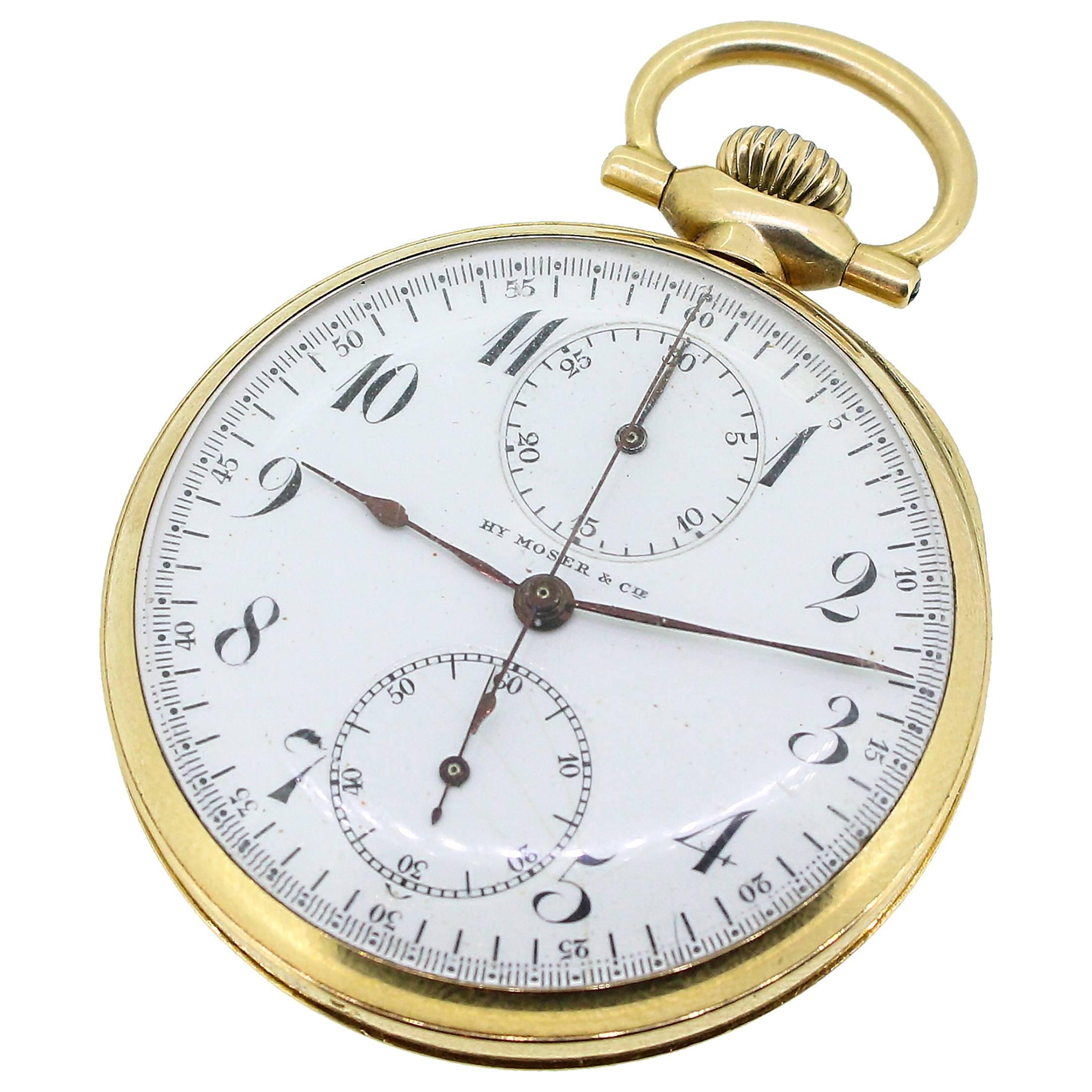 Antique 14k Yellow Gold HY Moser Single Button Chronograph Pocket Watch