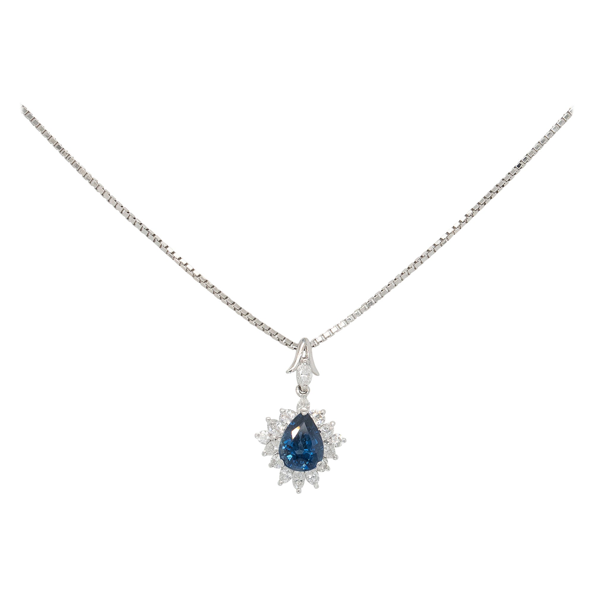 Platinum 1.63ctw Pear Shape Sapphire Natural Diamond Pendant Necklace For Sale
