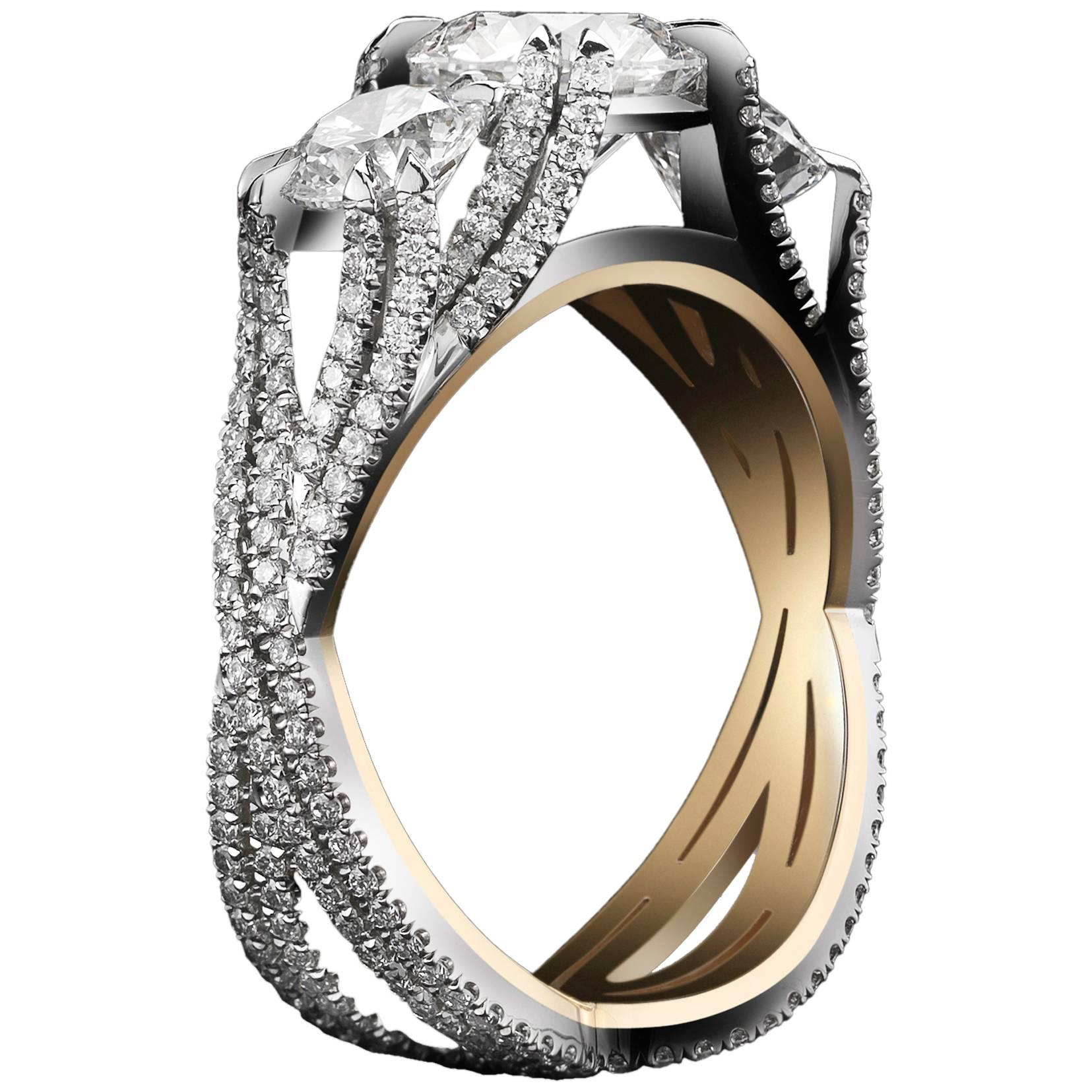 Alexandra Mor Three-Stone Brilliant-Cut Woven Diamond Ring 1.50 E SI1 GIA Center For Sale