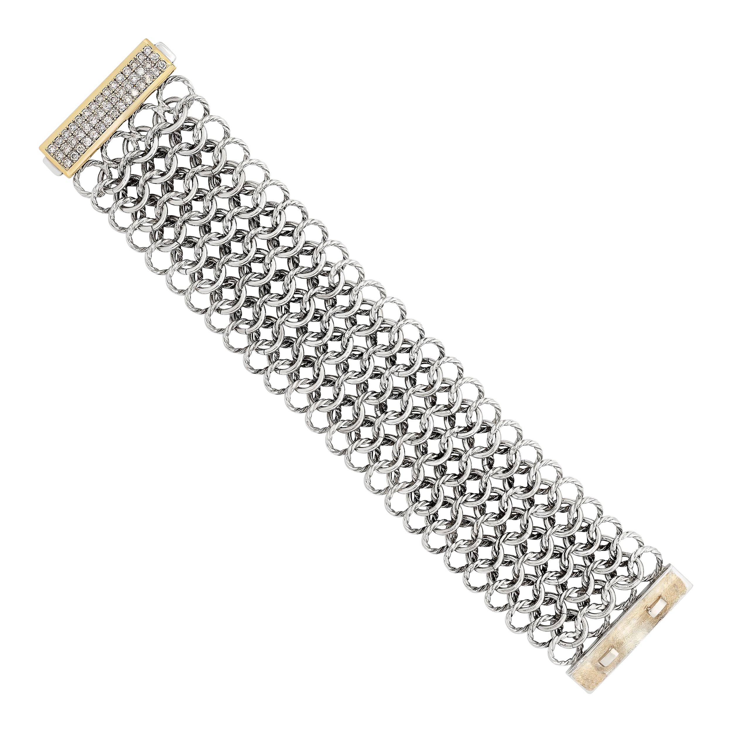 David Yurman Sterling Silver with 18KYG Interlocking Wide Chain Diamond Bracelet For Sale