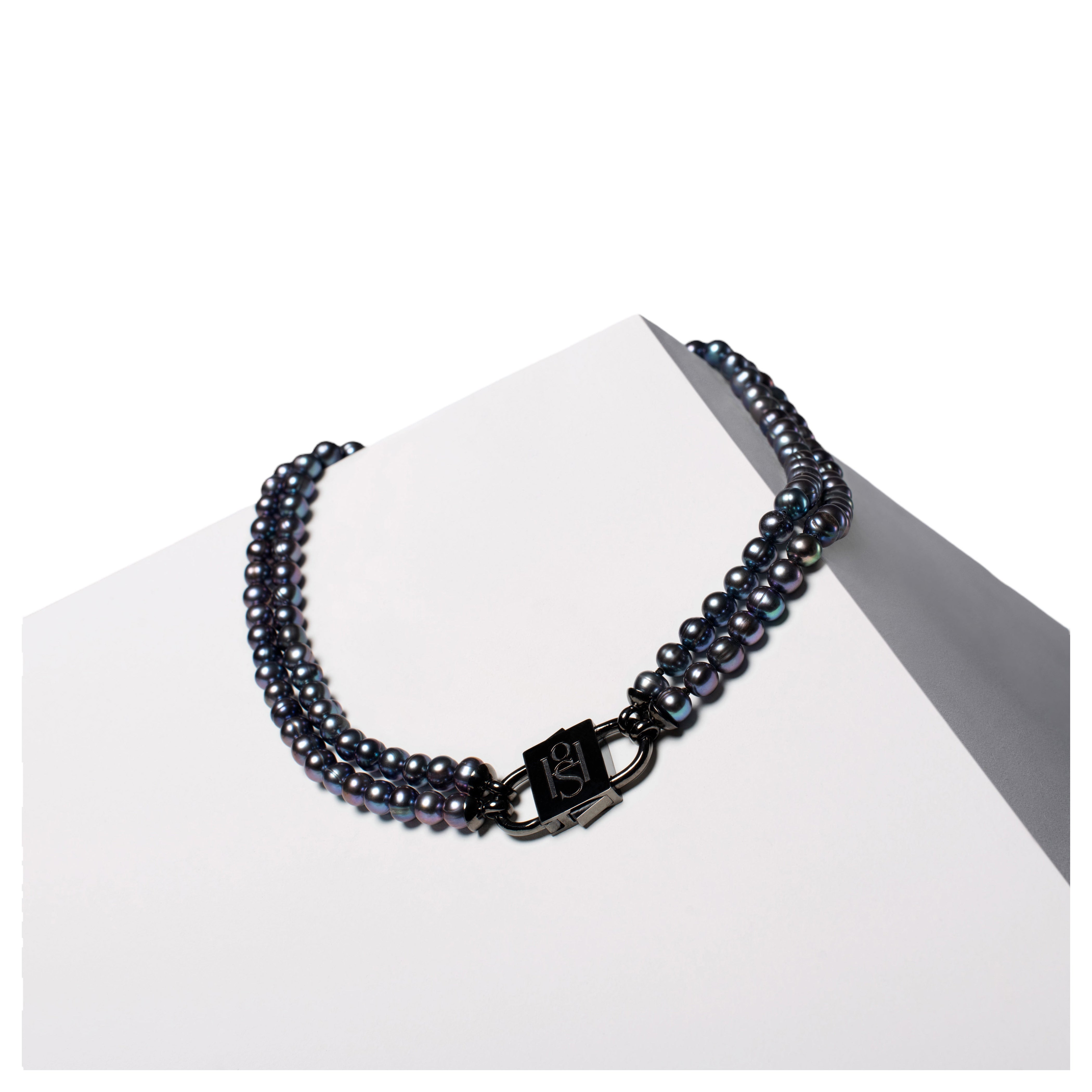 House of Sol Double String Peacock Black Pearl Necklace with HoS Lock
