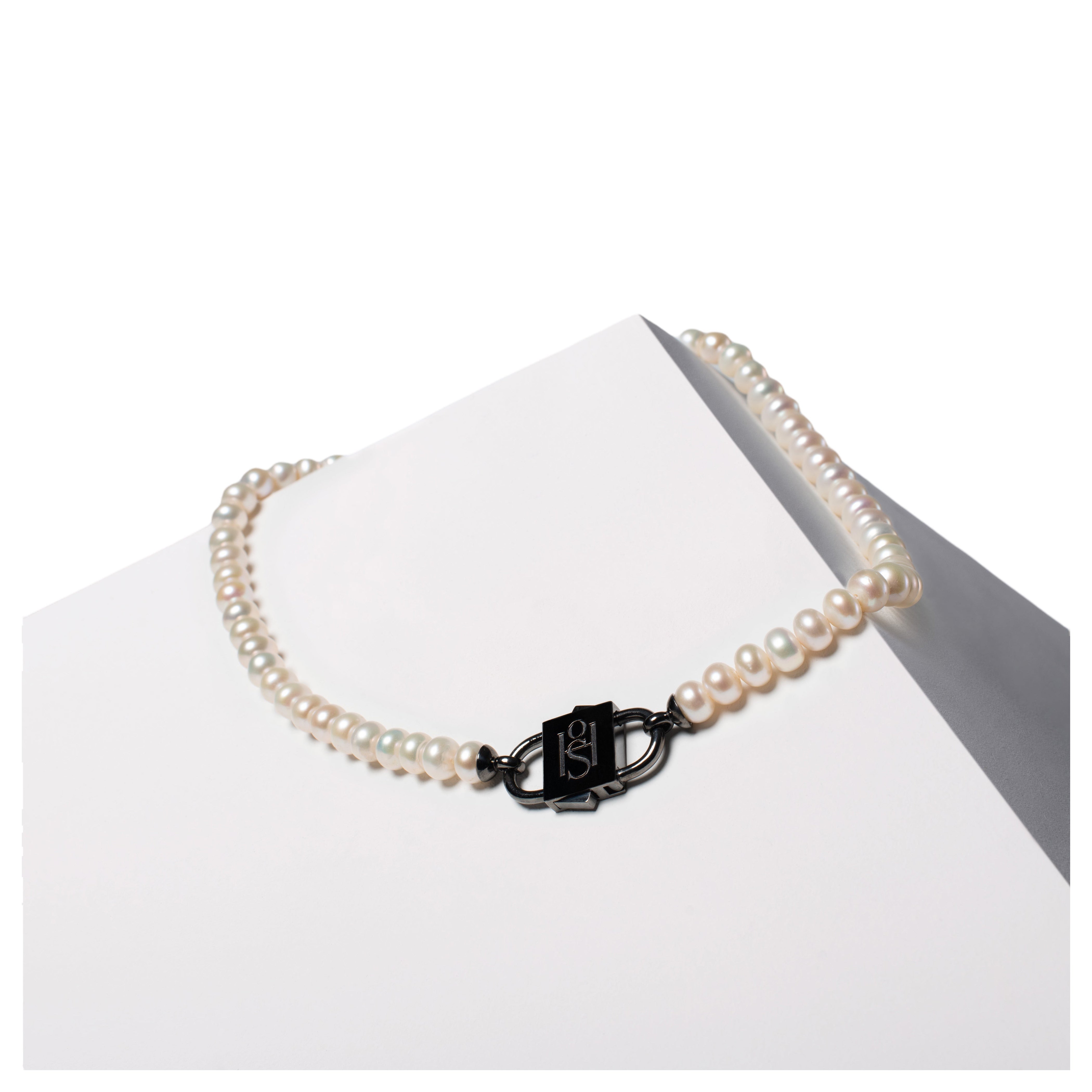 House of Sol Pearl Necklace with 24K Rhodium Filled HoS Lock For Sale