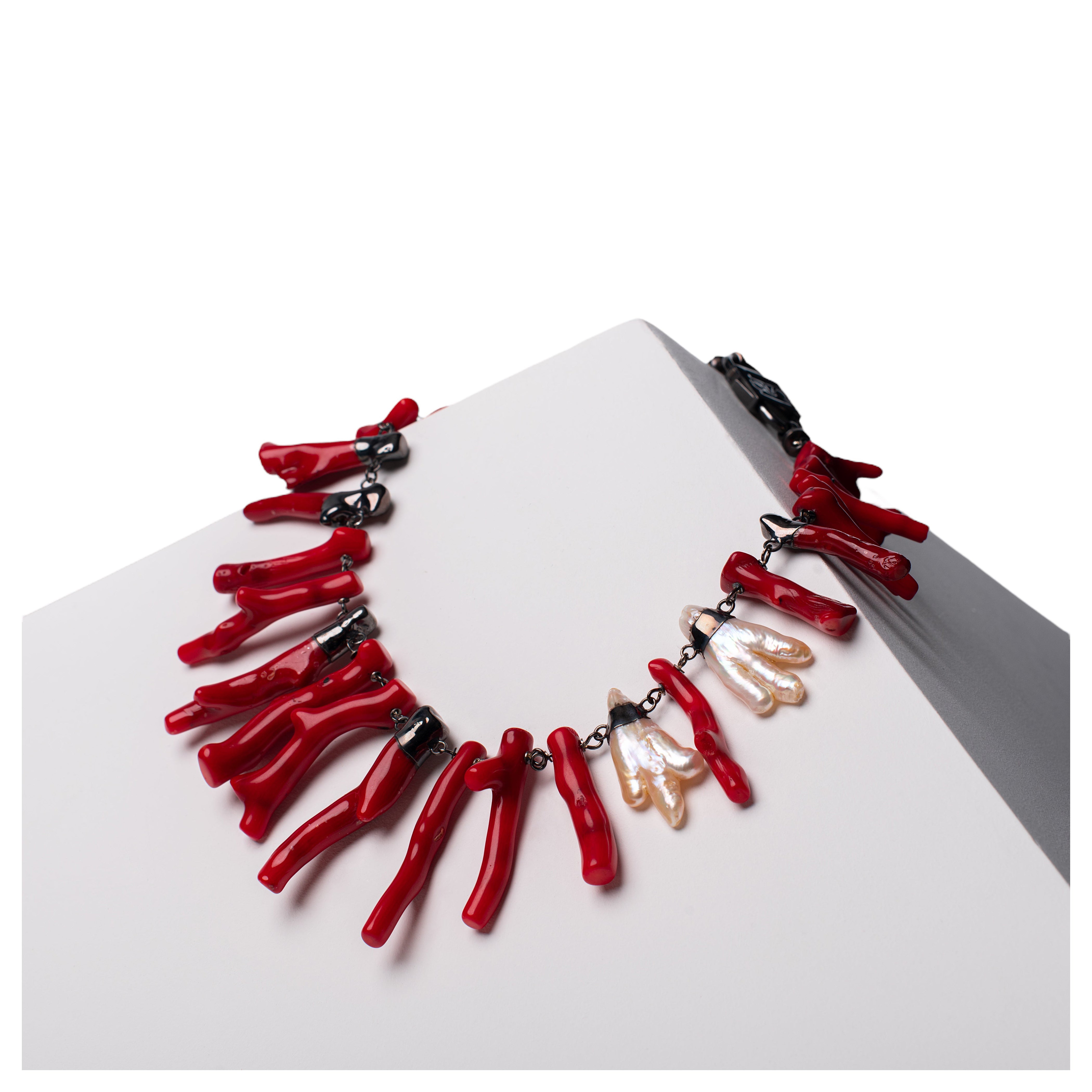House of Sol Coral and Pearl Necklace with Rhodium filled HoS Lock