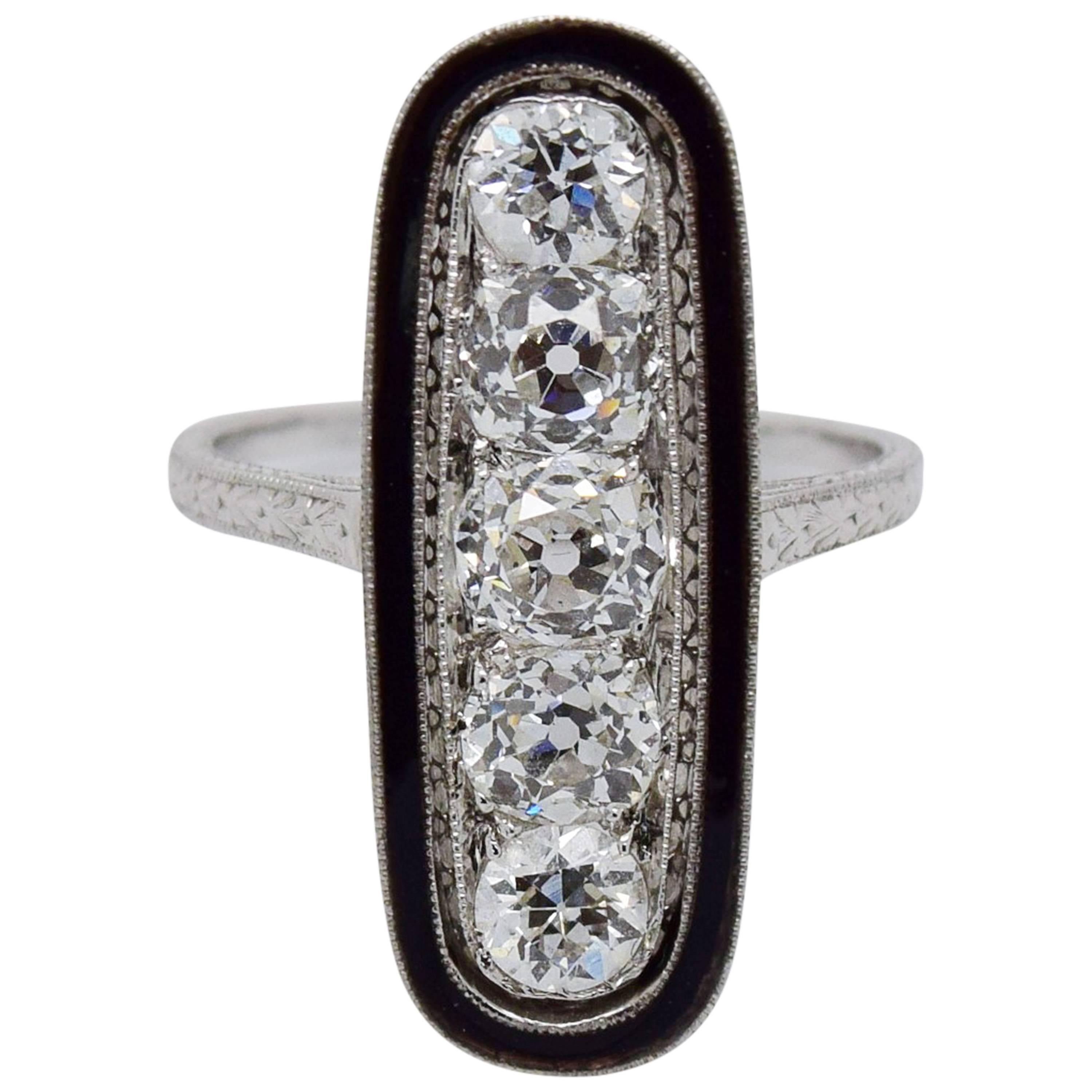 1920s Art Deco Diamond, Black Enamel and Platinum Dinner Ring For Sale