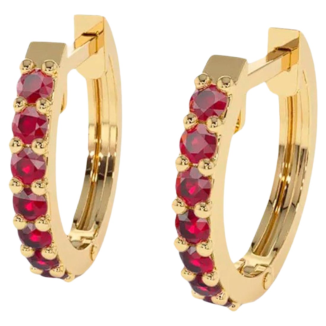 Hoop Earrings with Lab Rubies, Huggy Hoop Ruby Earrings in 14 Karat Gold. For Sale