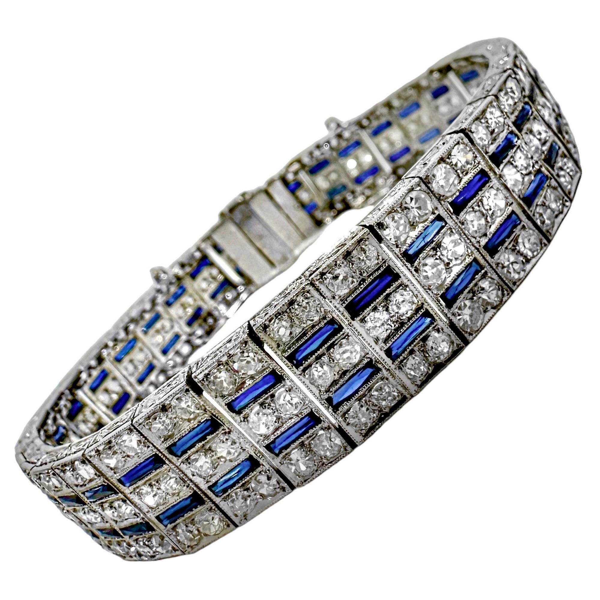 Classic Art-Deco Platinum, Diamond and Synthetic Sapphire Bracelet 1/2 Inch Wide For Sale