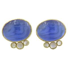 ELIZABETH LOCKE Glass Intaglio, Mother of Pearl, Moonstone and Gold Earrings.