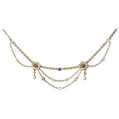 Delicate Antique Victorian Diamond Sapphire Pearl Gold Garland Necklace