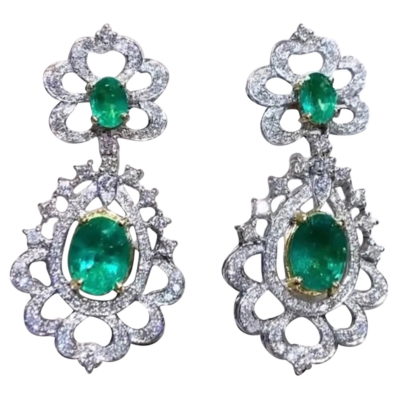 AIG Certified 7.50 Carats Zambian Emeralds 2.90 Ct Diamonds 18K Gold Earrings For Sale